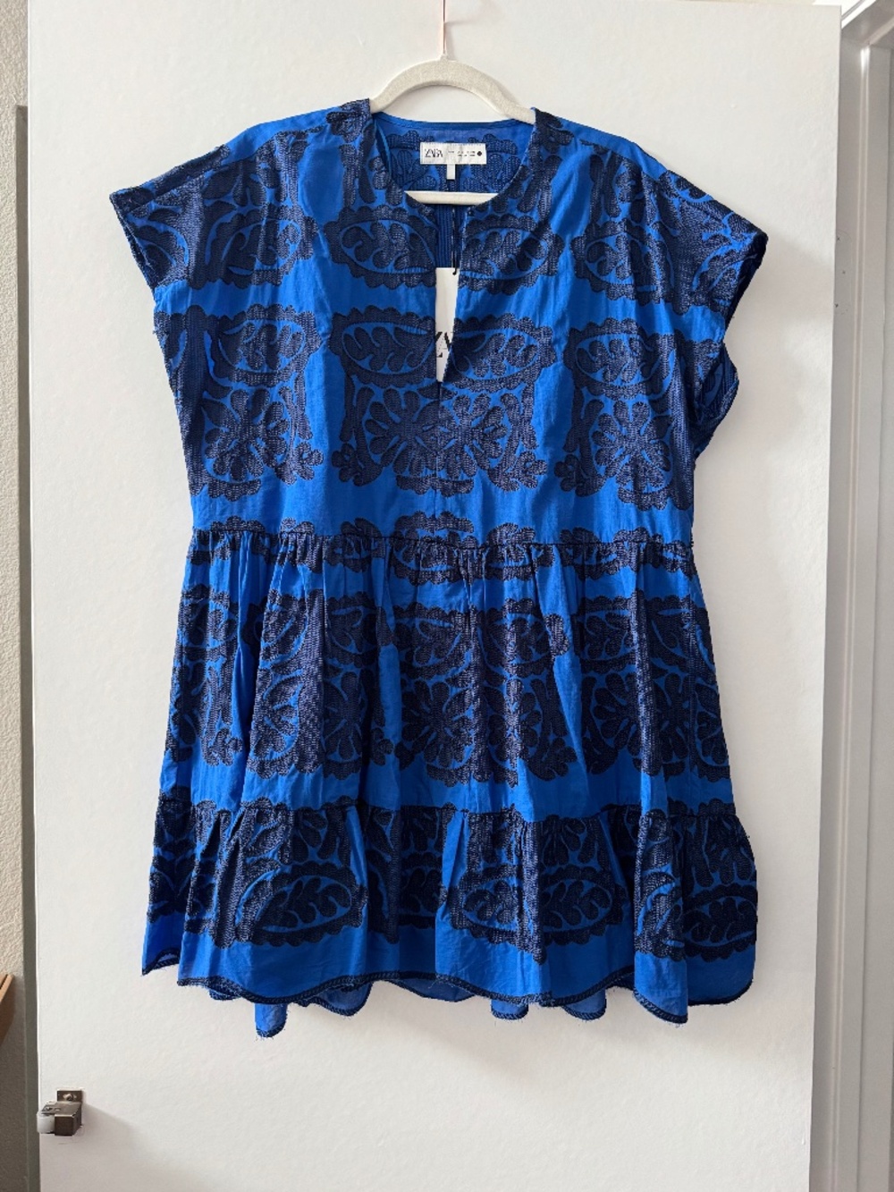 Zara Blue Embroidered Tiered Mini Dress NWT Large
